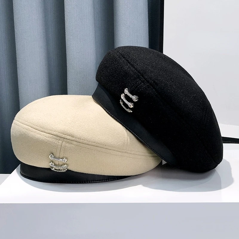 Eleganckie damskie wełniany Beret brytyjski Vintage czapka malarza wysokiej jakości wełniany rhinestone filcowy kapelusz berety damskie kaszmirowe
