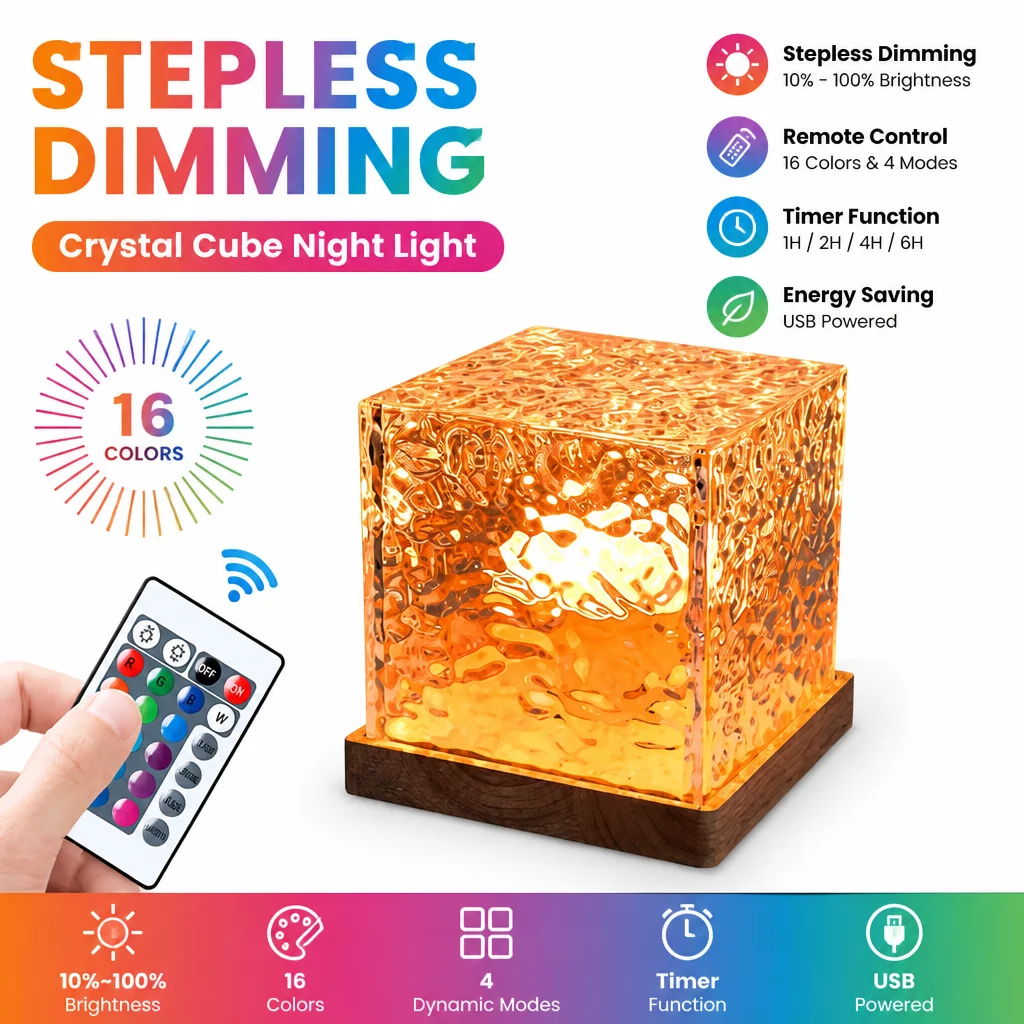 Crystal Cube Water Wave Light Dynamic Ripple Aurora Lamp Remote LED Atmosphere Night Light Desktop Bedroom Decor Lamp
