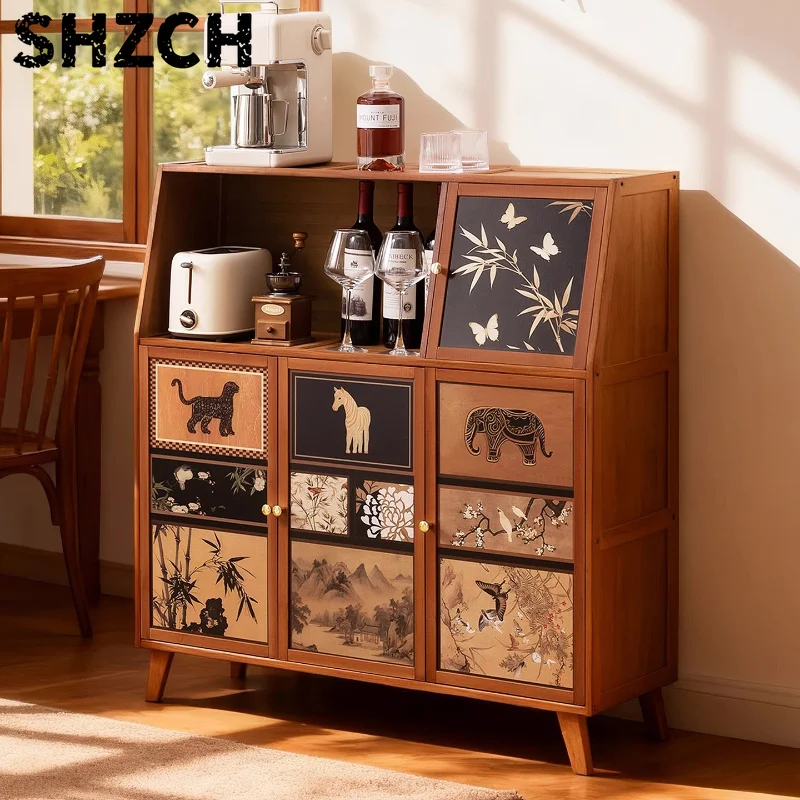 Mid-Century Modern Kitchen Sideboard Multi-layer Narrow Storage Cabinet Bamboo Buffet Console for Dining Room Organizer Cabinets