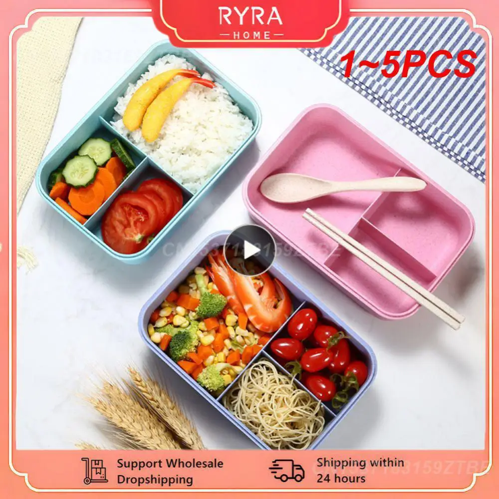 1~5PCS Microwave Lunch Box with Spoon Chopsticks Wheat Straw Dinnerware Food Storage Container Children Kids School Office Bento