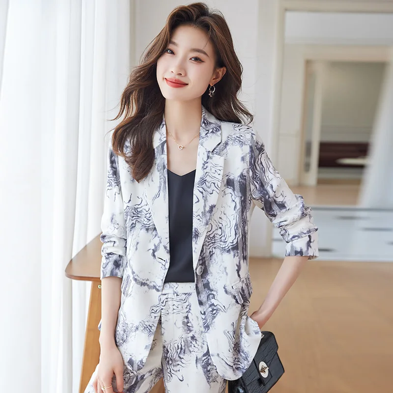 

Print Women Suits Office 2-piece Set 2023 New Fashion Slim Single Button Long Sleeve Blazers Vintage High Waist Pant Suits