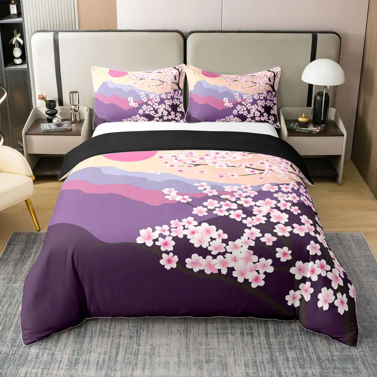 Cherry Blossom Duvet Cover Set Japanese Style Romantic Theme Comforter Cover Set Botanical Floral Bedding Set for Teens Women