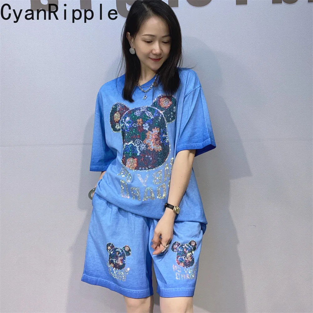 

Trendy New Summer Women Two-piece Set Bear Hot Diamonds Loose Short Sleeve T-shirt Top + All-match Elastic Waist Casual Shorts