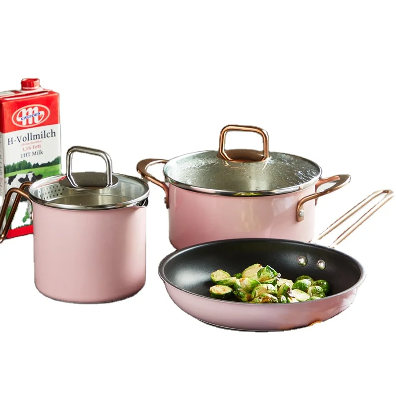 

5-Piece Pink 304 Stainless Steel Non-stick Cookware Set with Lids & Wok