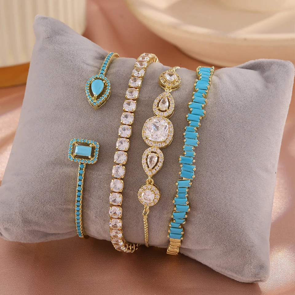 ZAKOL 4pcs Classic Sparkling Blue Turquoise Zircon Inlaid Bracelets Set for Women Exquisite Wedding Jewelry Party Gifts