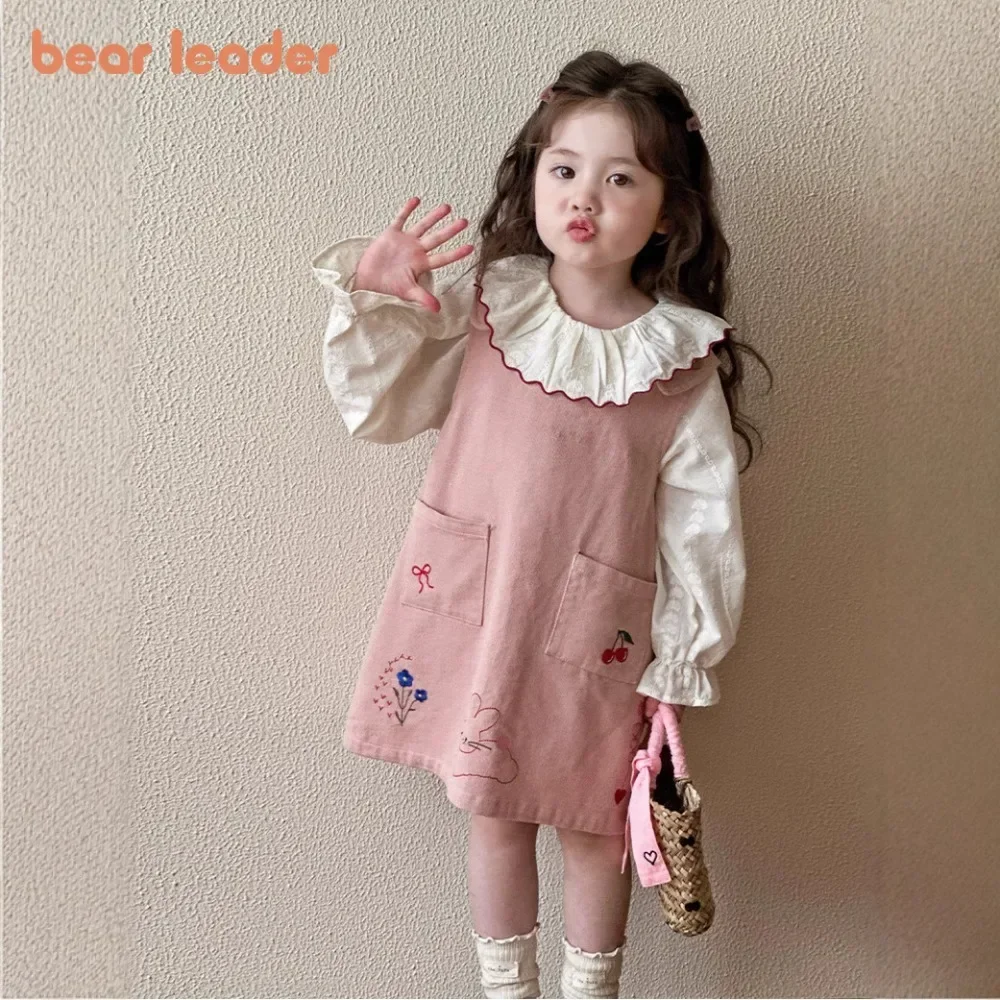 

Bear Leader Pink Girls' Suit Autumn New Long Sleeved Doll Collar Shirt Top + Flower Rabbit Print Suspender dress Two-piece Set