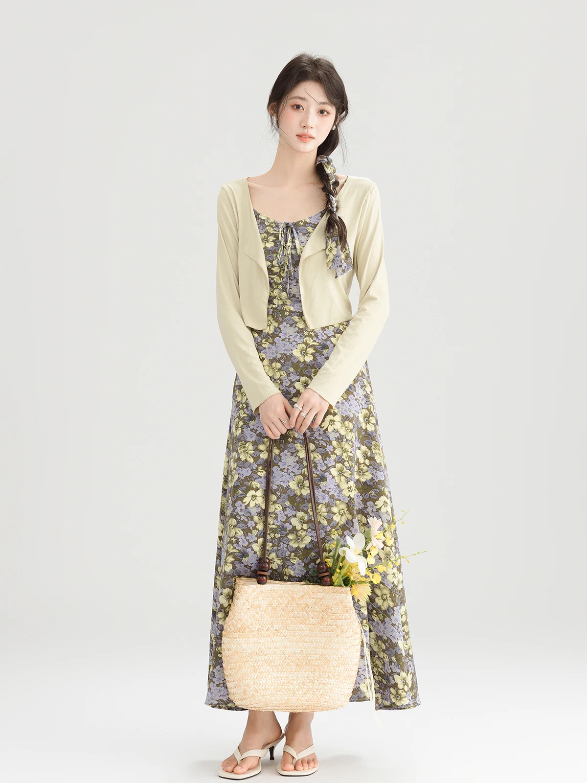 

Mening Summer New Vintage Floral Waist Cinching Slimming Strap Dr Thin Long Sve Open Cardigan Two Piece Set Women's Fas...
