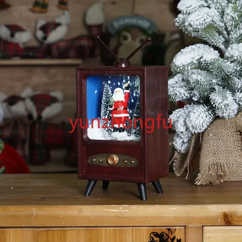 Ornamen TV rumah bercahaya, hiasan rumah versi mini retro musik salju