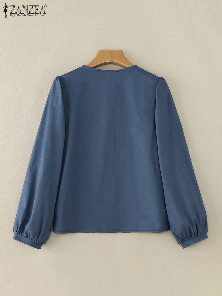 2024 ZANZEA Elegant Long Sleeve Work Shirt Women Stylish Denim Blue Blouse Autumn Fashion Buttons Up Tops Spring Party Blusas