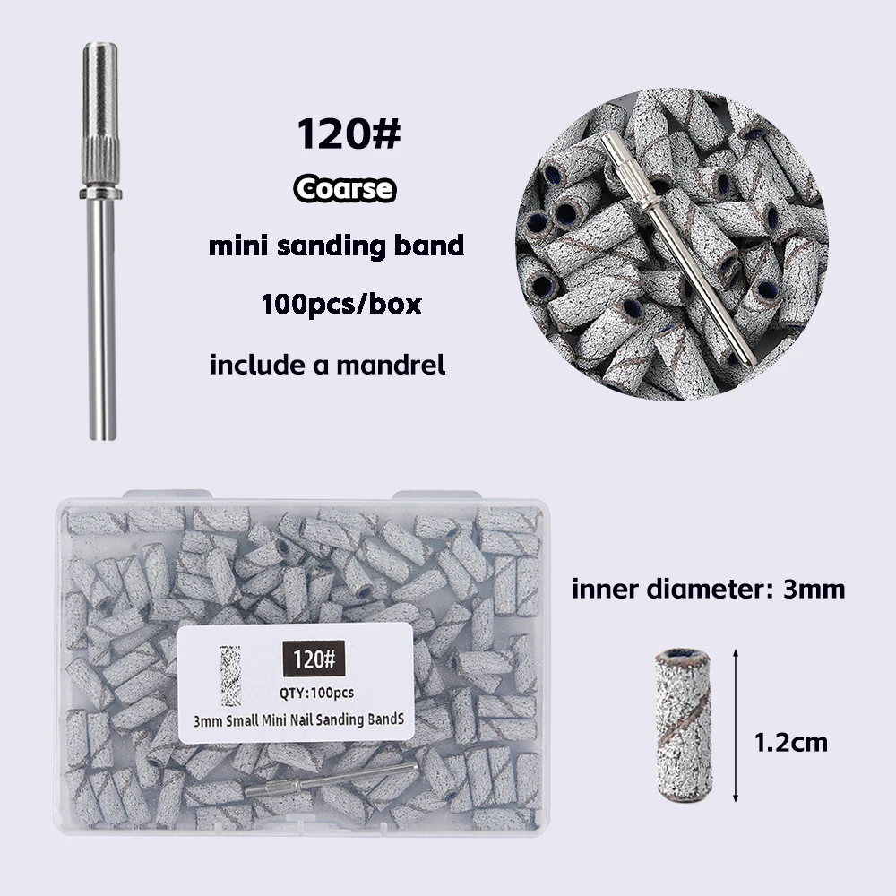 100/200 Stück 3 mm Nagelschleifbänder-Set mit Dorn – Schleifpapier mit Körnung 80/120/180/240 für Nagelbohrer, Maniküre, Pediküre, Salon – Detail 9