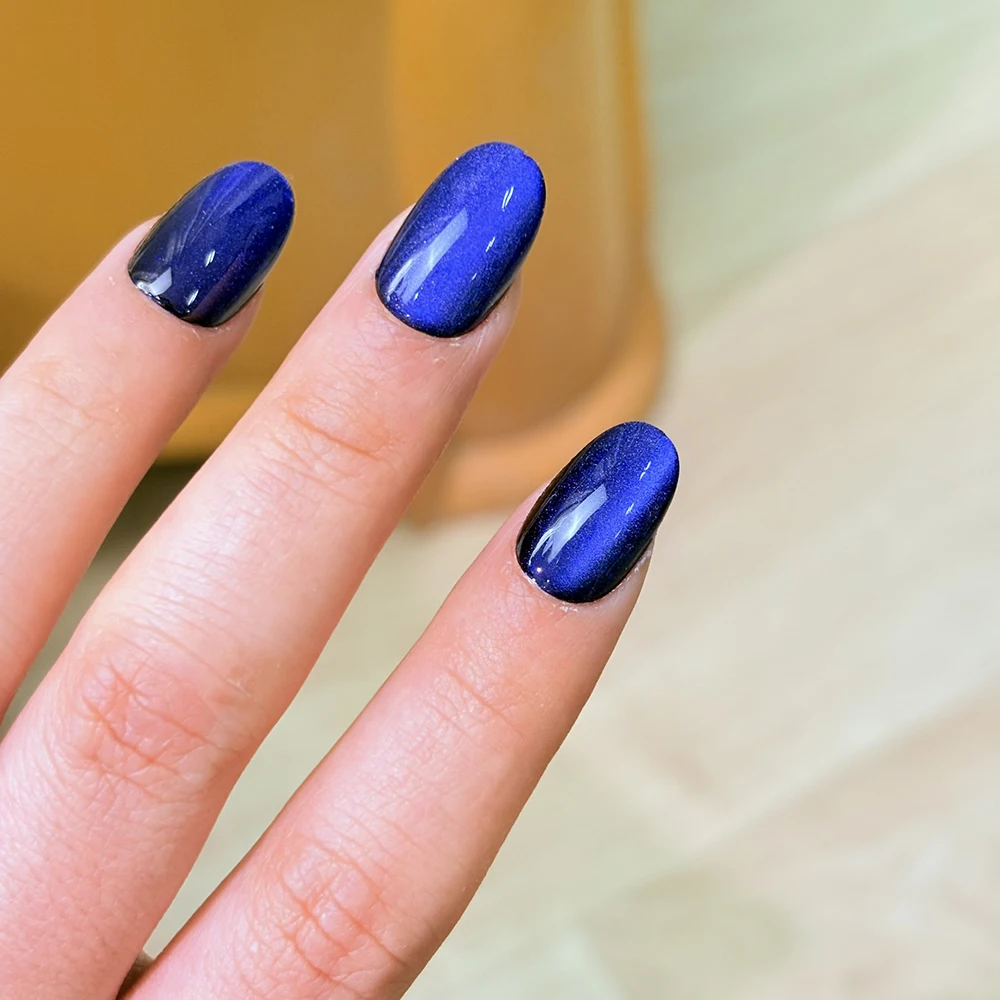 30/144 Stück glänzende dunkelblaue Katzenaugen-Kunstnägel, glitzernd, mittelgroß, oval, blau, zum Aufdrücken der Nägel, künstliche Finger-Kunstnägel – Detail 4