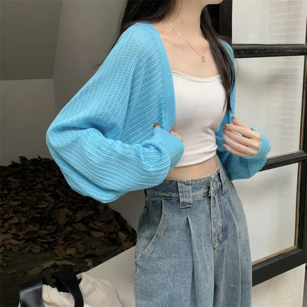Simple Hollow Knitted Shawl Thin Long Sleeves Knitted Crochet Top Scarf Accessories Loose Knit Cardigan Female