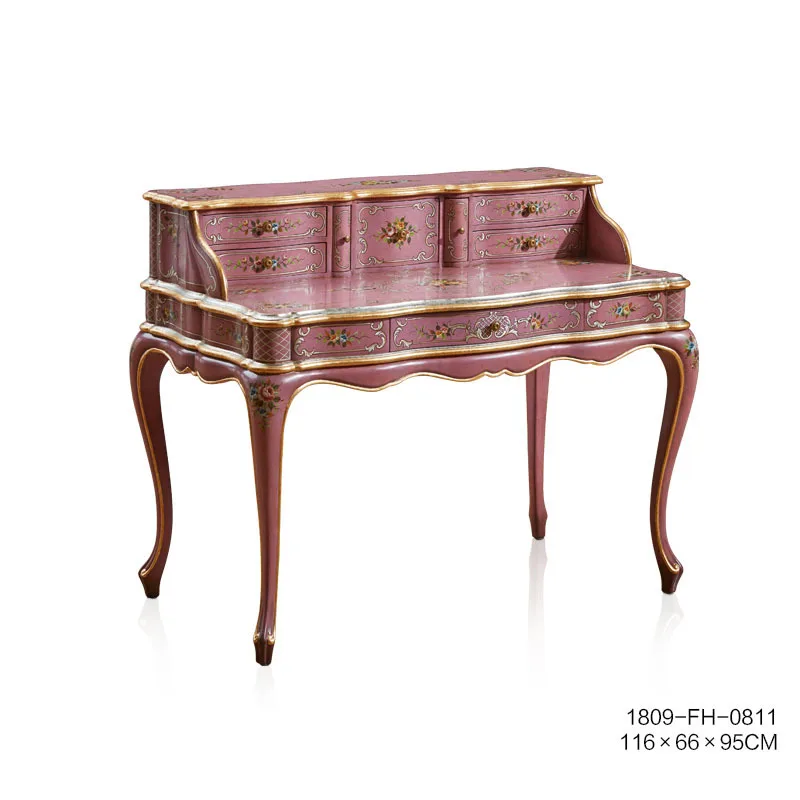 

Palace style luxury rose pink desk and chair set solid wood hand-painted stickers imitation piano table