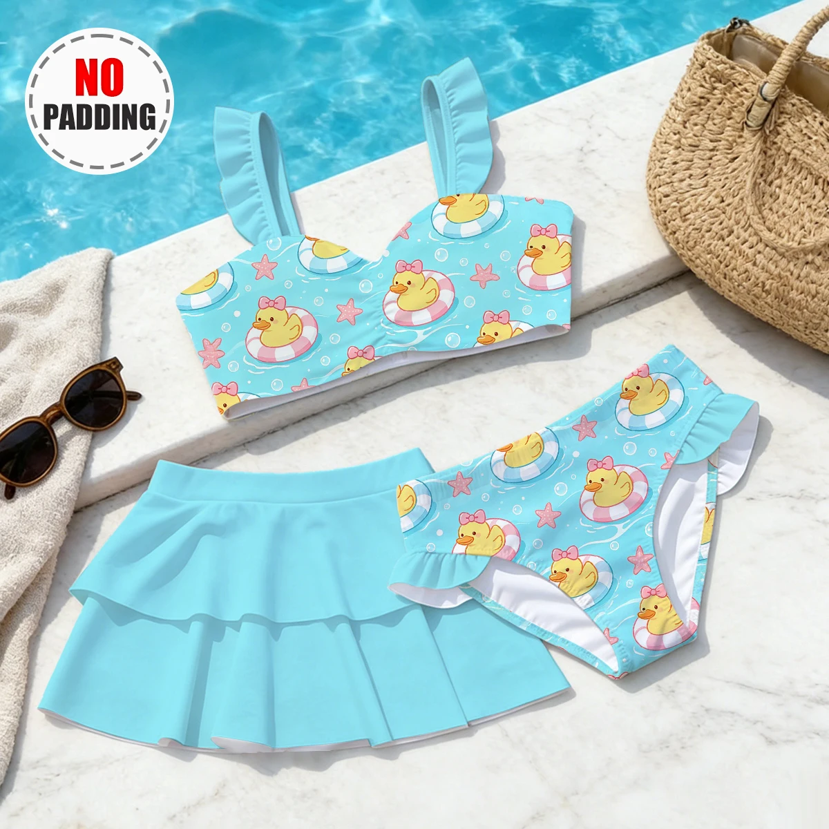 Girls' Summer Elegant Yellow Duck Fashion 3-piece Swim Skirt