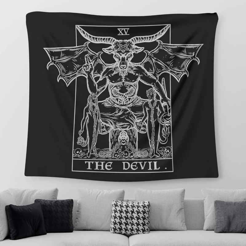 VIKAMA Teufels-Tarot-Wandteppich (Schwarz und Weiß) - Bavermott - Gotische böse Hexe Halloween Heimdekoration Wandbehang