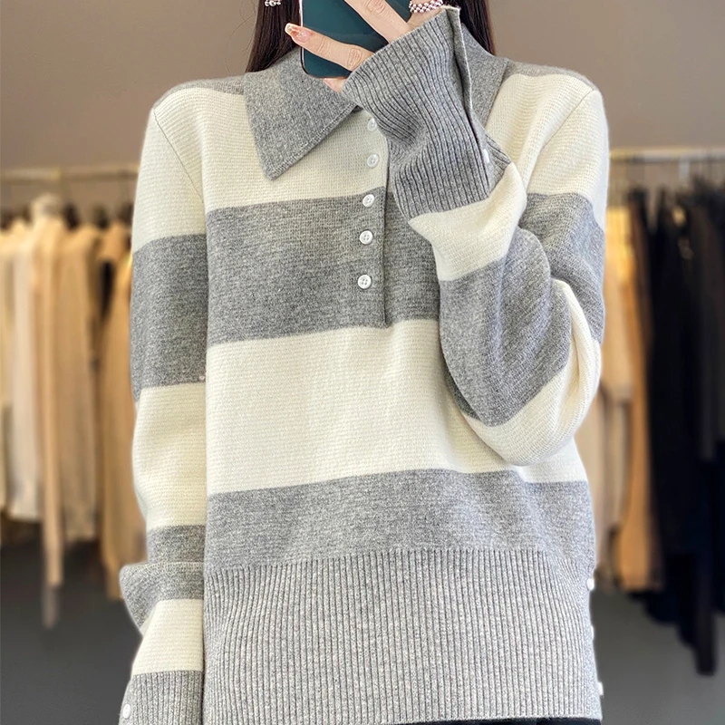 เสื้อสเวตเตอร์ไหมเมอริโนแท้ 100% สำหรับผู้หญิง แขนยาว คอโปโล แฟชั่นฤดูใบไม้ร่วงฤดูหนาว เสื้อผ้าแฟชั่นพื้นฐาน