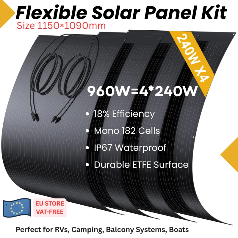 NEW! 480W / 960W Flexible Solar Panel Kit (2×240W / 4×240W), Monocrystalline ETFE Surface, IP67 Waterproof, Balcony System for R