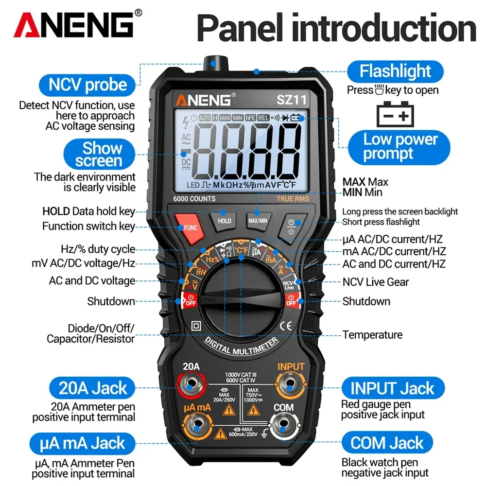 6000 Counts Meter 1000V Current/Voltage Multimetro Tool ANENG SZ11 Multimeter Temperature Neutral/Live Wire Test Diode
