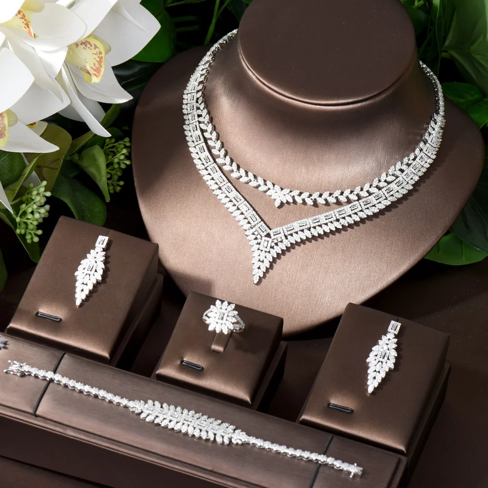 

HIBRIDE 4PCS Geometric Cubic Zirconia Big Wedding Banquet Necklace Dubai White Gold Color Bridal Party Costume Jewelry Set N-858