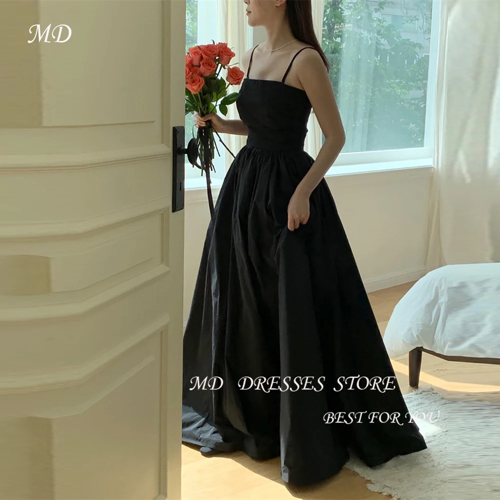 MD Simple Black Taffeta Evening Dresses Korea Wedding Photo shoot Spaghetti Straps Puff Sleeves Scalf Formal Party Customized