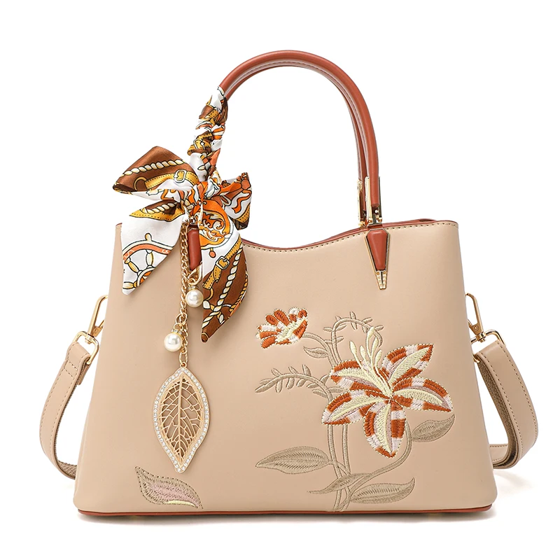 

2024 Leather Satchel Bag for Women Fashion Floral Embroidery Design Tote Purse Handbags Ladies Elegant Crossbody Shoaulder Bags