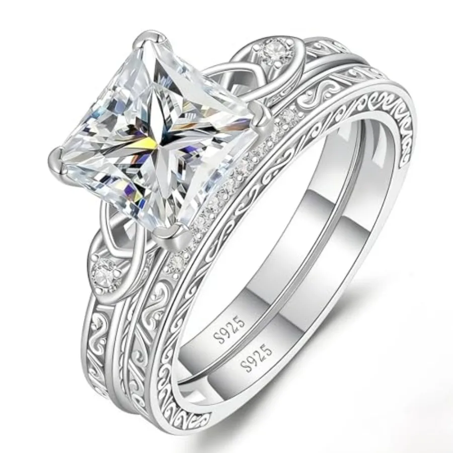 

AVECON 3CT Princess Cut Moissanite Wedding Bridal Ring Set for Women, Celtic Knot D Color VVS1, Engagement Promise Anniversary