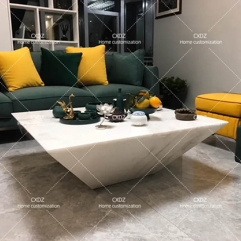 Simple Light Luxury Square Coffee Table Natural White Marble for Living Room Model Home Creative Modern Minimalist Furniture