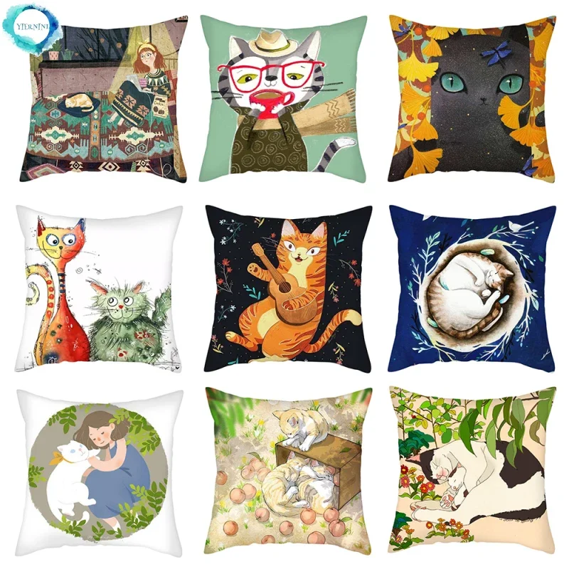 

Cartoon Pet Cat Print Cushion Cover Abstract Animal Polyester Pillow Cover for Home Sofa Decor Throw Pillowcase Fundas De Cojin