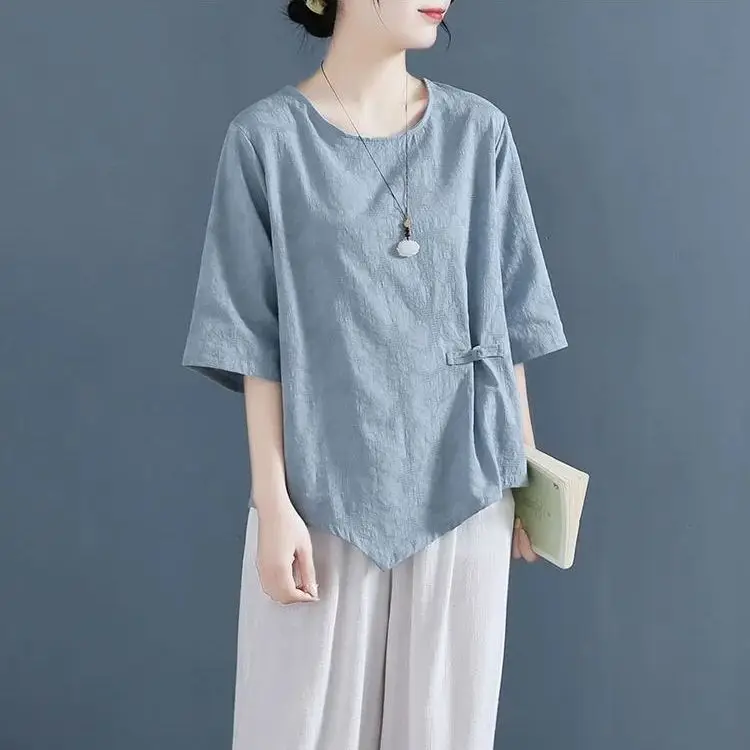 

Women's Cotton-Linen Blend Short-Sleeved T-Shirt with Knotted Buttons Pure Cotton Jacquard Vintage Style Loose Fit