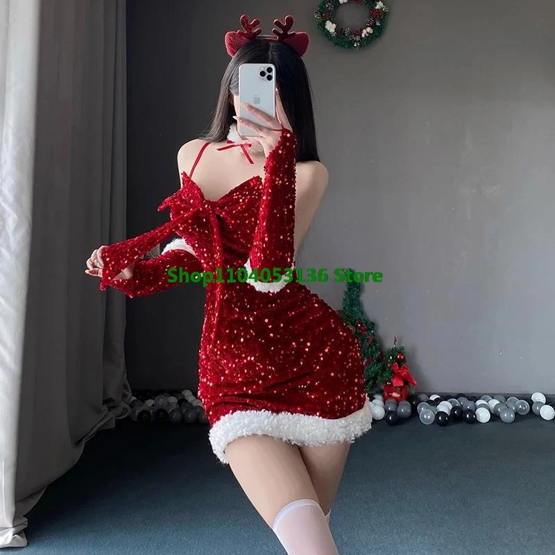 Sexy bodycon feminino natal sexy senhora papai noel cosplay traje lingerie sexy inverno vestido vermelho vestido de festa de ano novo