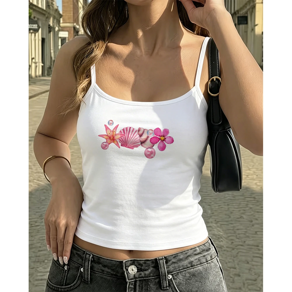 Women Pink Ocean Camisole Summer Tank Top Floral Conch Print Sleeveless Casual Tops for Girls Gift Mermaid Aesthetic Wear