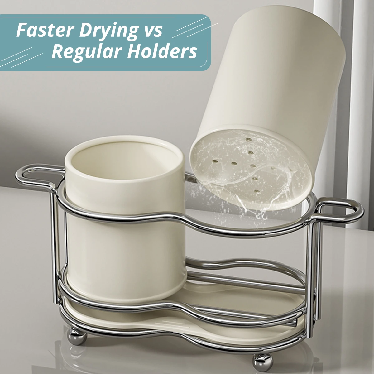 حامل عيدان تناول الطعام، حامل أواني مع حجرتين، رف تجفيف أواني من الفولاذ المقاوم للصدأ مع صينية تصريف، شوك، سكاكين، ملاعق