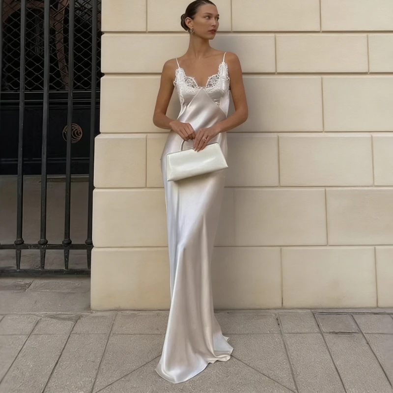 

Tsiisd White Satin Lace Spaghetti Strap Long Dress Women Sexy Backless Sleeveless Fashion Party Evening Dress 2026 Female Dress
