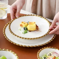 Nordic Ceramic Plates and Bowls Set Gold Round Dot Edge Steak Plate Salad Tableware Dessert Bowl Home Dinner Dishes