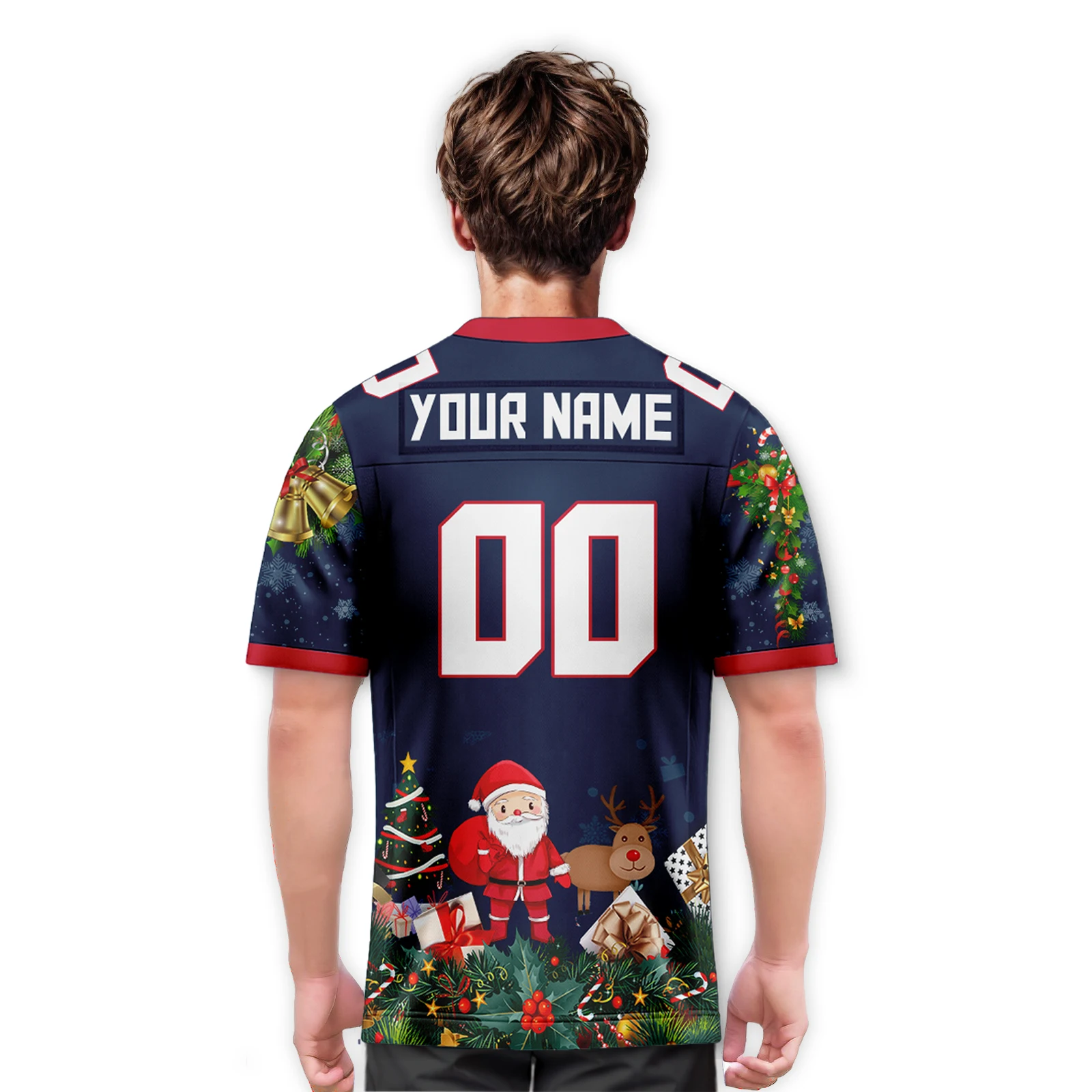 Camisa de futebol de natal personalizada com número de nome da equipe impresso marinho-vermelho camisa de futebol americano para homens mulheres jovens crianças presente