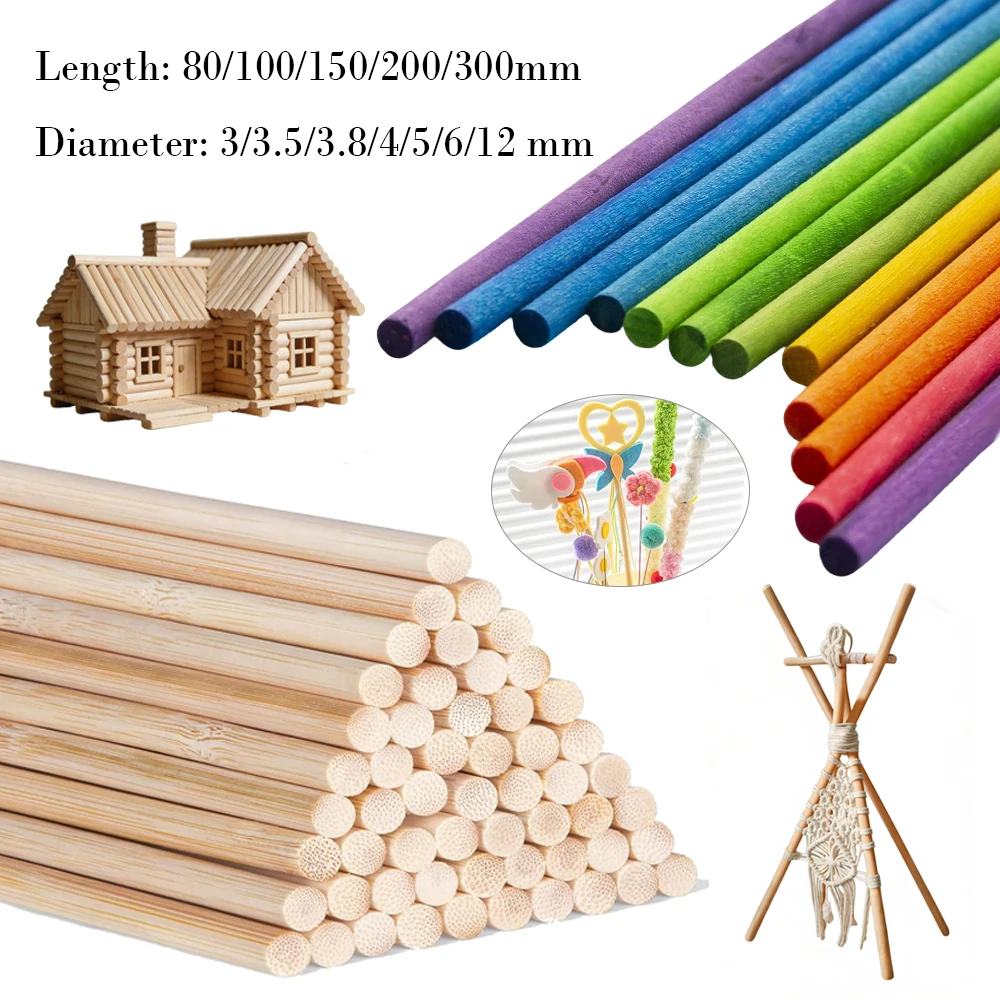 10-250Pcs  Round Wooden Stick  DIY for Model Wood Handmade Hobby Wooden Pieces,Length 80/100/150/200/300mm Diameter 3-12mm