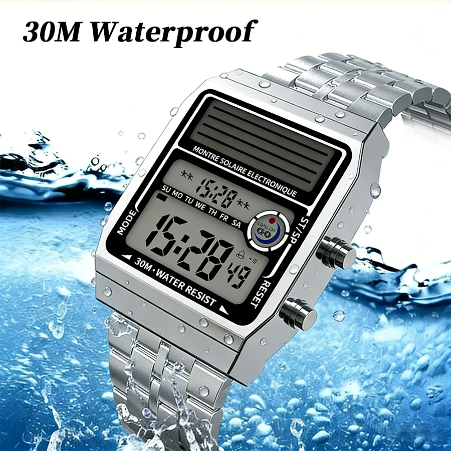 Men Square Solar Digital Watch Full Steel Luxury Wristwatch 30M Waterproof Week Alarm Long Endurance Solar Power Fashion Sports