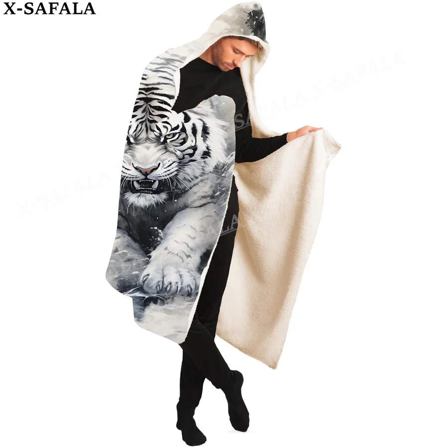 The King White Tiger Skin Myth 3D Print Overcoat Hooded Blanket Coat Robe Fleece Men Women Cloak Thick Warm Windproof Wearable-1