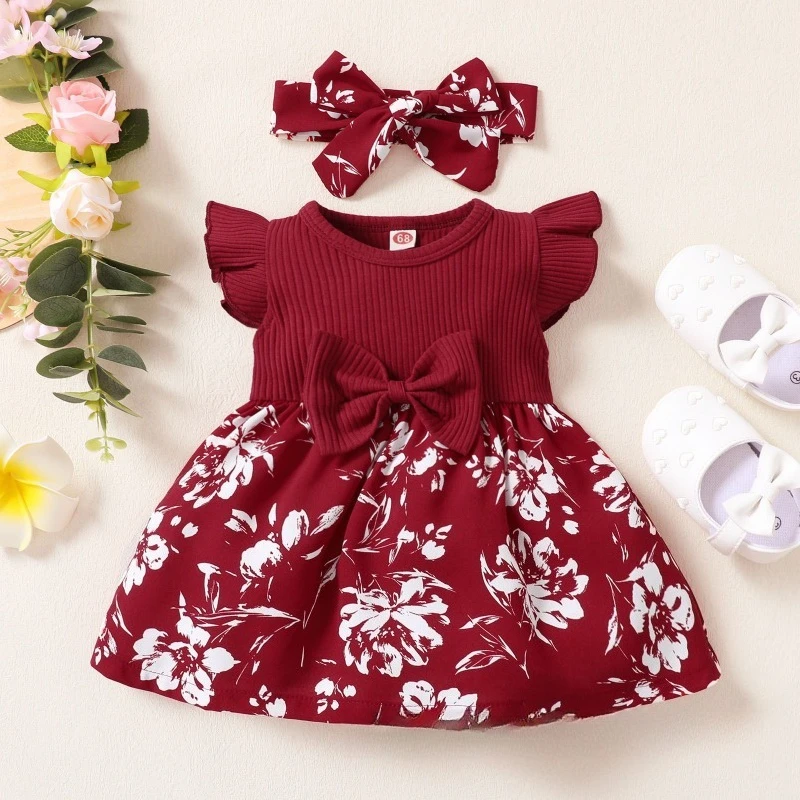 

Sweet Bow Flutter Sleeve Dress for Baby Girls 0-2 Years Summer Princess Outfit Toddler Floral Party Gown