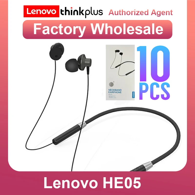 10Pcs Lenovo Bluetooth Earphones HE05 Neckband Waterproof Sport Headset with Mic Fashion Running Music Earbuds Loud Sound