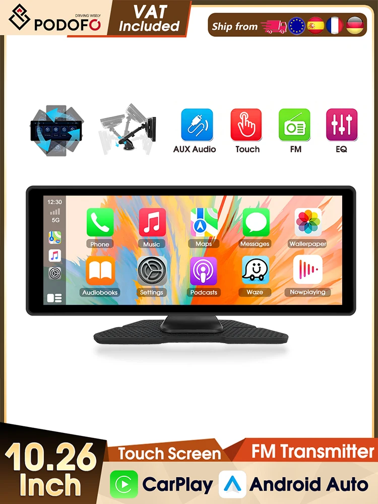 Podofo 10,26" Auto-Spiegel-Radio Multimedia-Videoplayer Universelles Kabelloses Carplay Android Auto Bluetooth WIFI EQ FM USB Dashcam