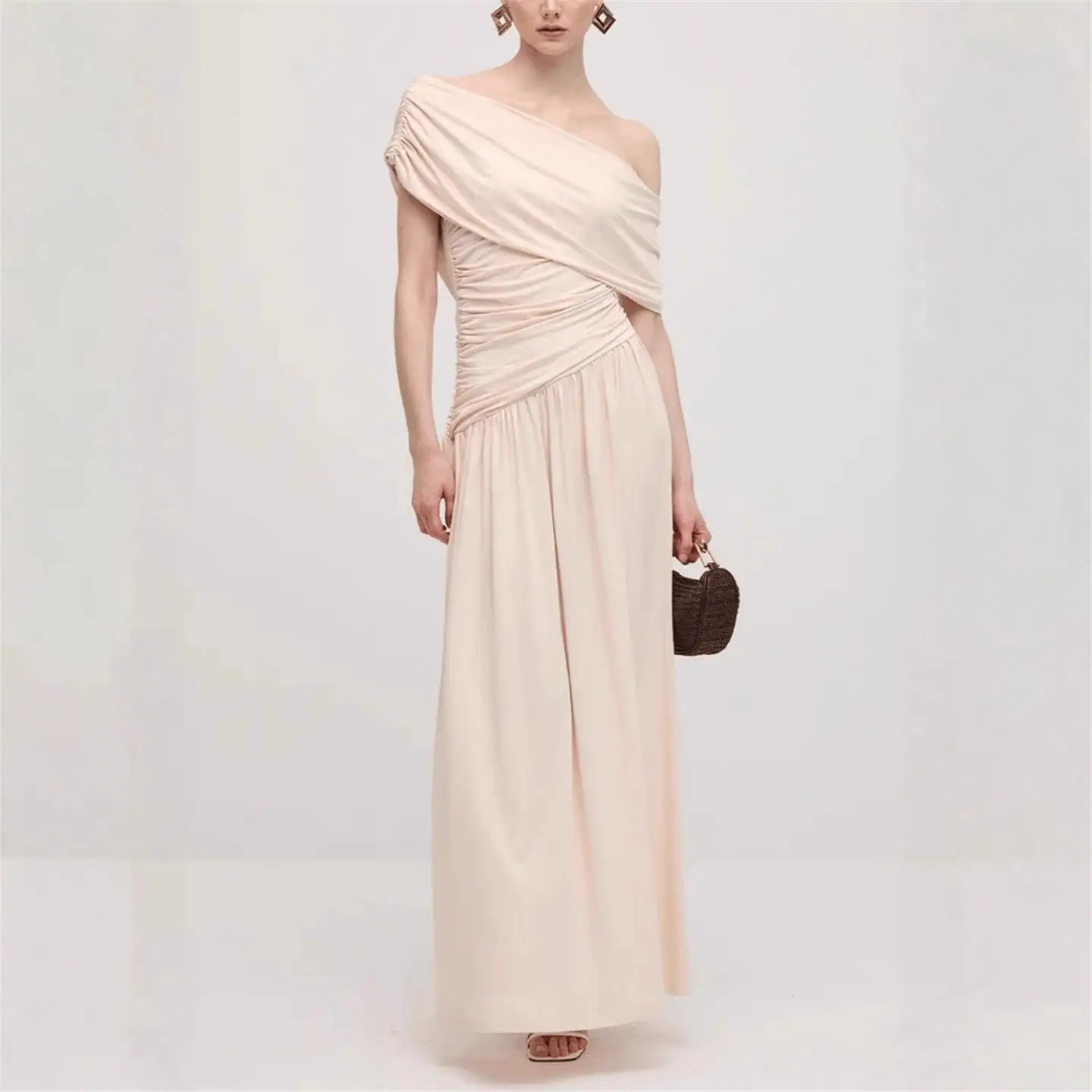 Jupe longue de soirée plissée, col incliné, Sexy, coupe cintrée, couleur Pure, taille haute, ligne a, t-shirt en Fiber d'acétate