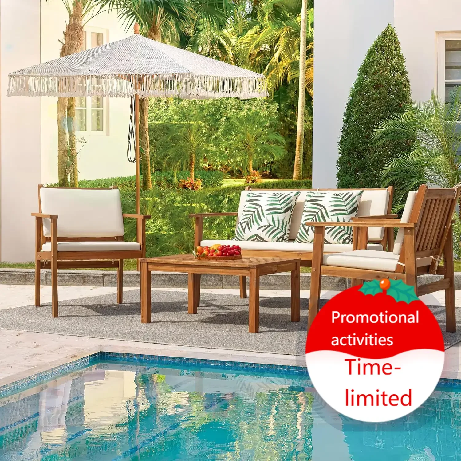 Hot salesHot salesXMSJ.Patio Furniture 4 Piece Outdoor Acacia Wood Patio Conversation Sofa Set with Table & Cushions Porch Furni