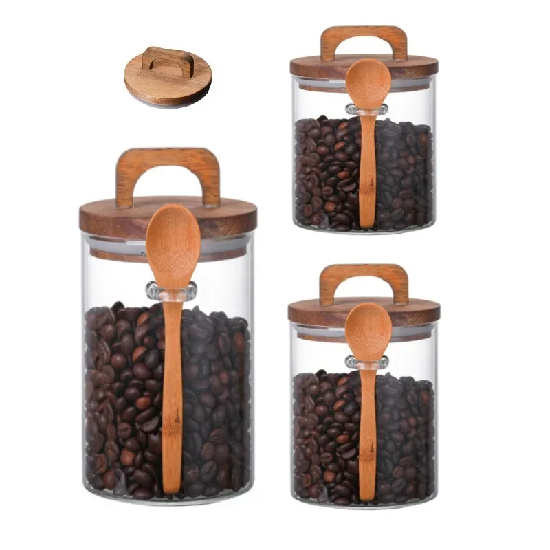 Creative User-friendly 700-1000ml Round Sealed Tank with Handle Wooden Lid Spoon Seating Coffee Storage Jar Bottles