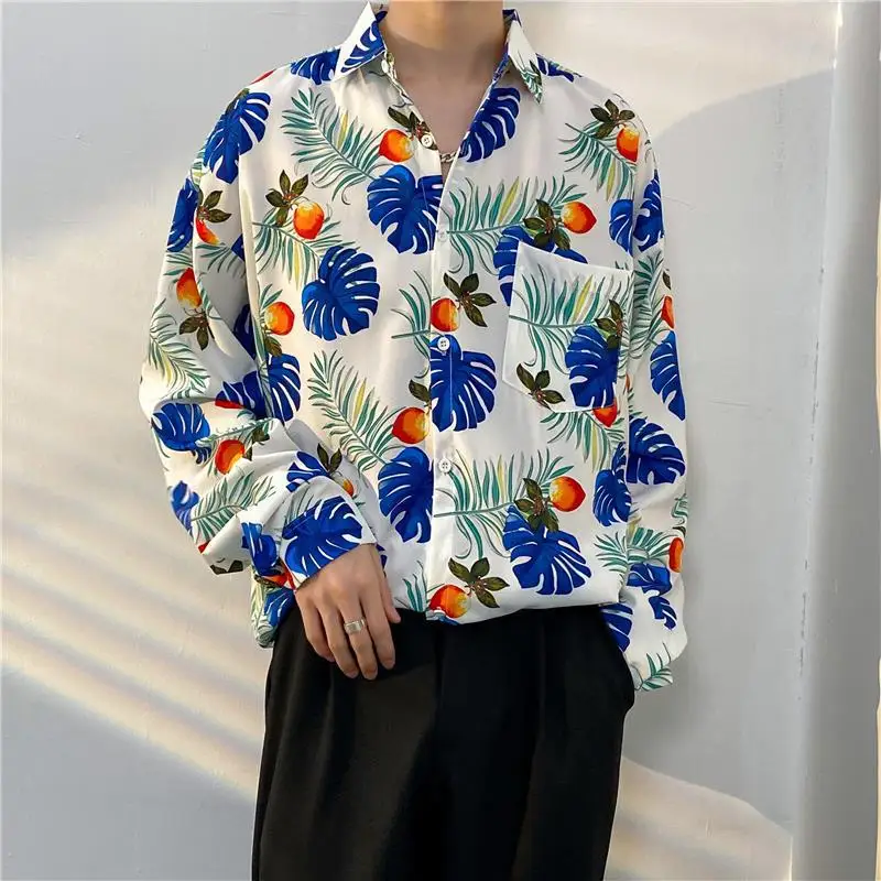 Vintage Streetwear Long Sleeved Floral Shirt Men Spring All-match Loose Floral Shirt Hip Hop Lapel Collar Multicolor Casual Tops