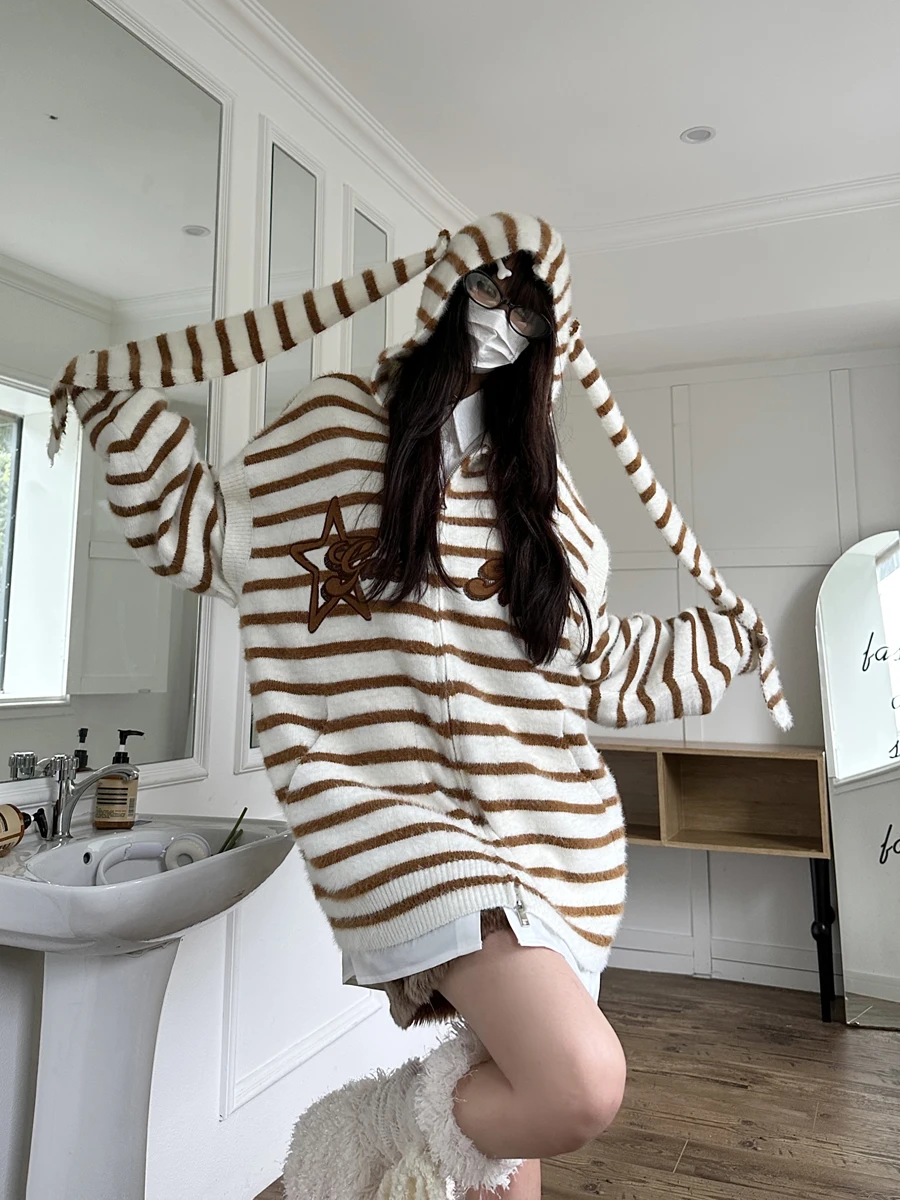 Curry Person-cárdigan de punto Original para hombre y mujer, abrigo M femenino con Orejas de conejo extraíbles, imitación de visón, Otoño e Invierno