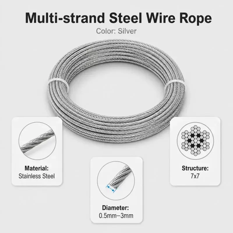 5m/10m Stainlesss Steel Wires Ropes 0.5~3mm Rustproof Lifting Line Aircraft Cable Wire Ropes for Yard Zipline Deck Railing