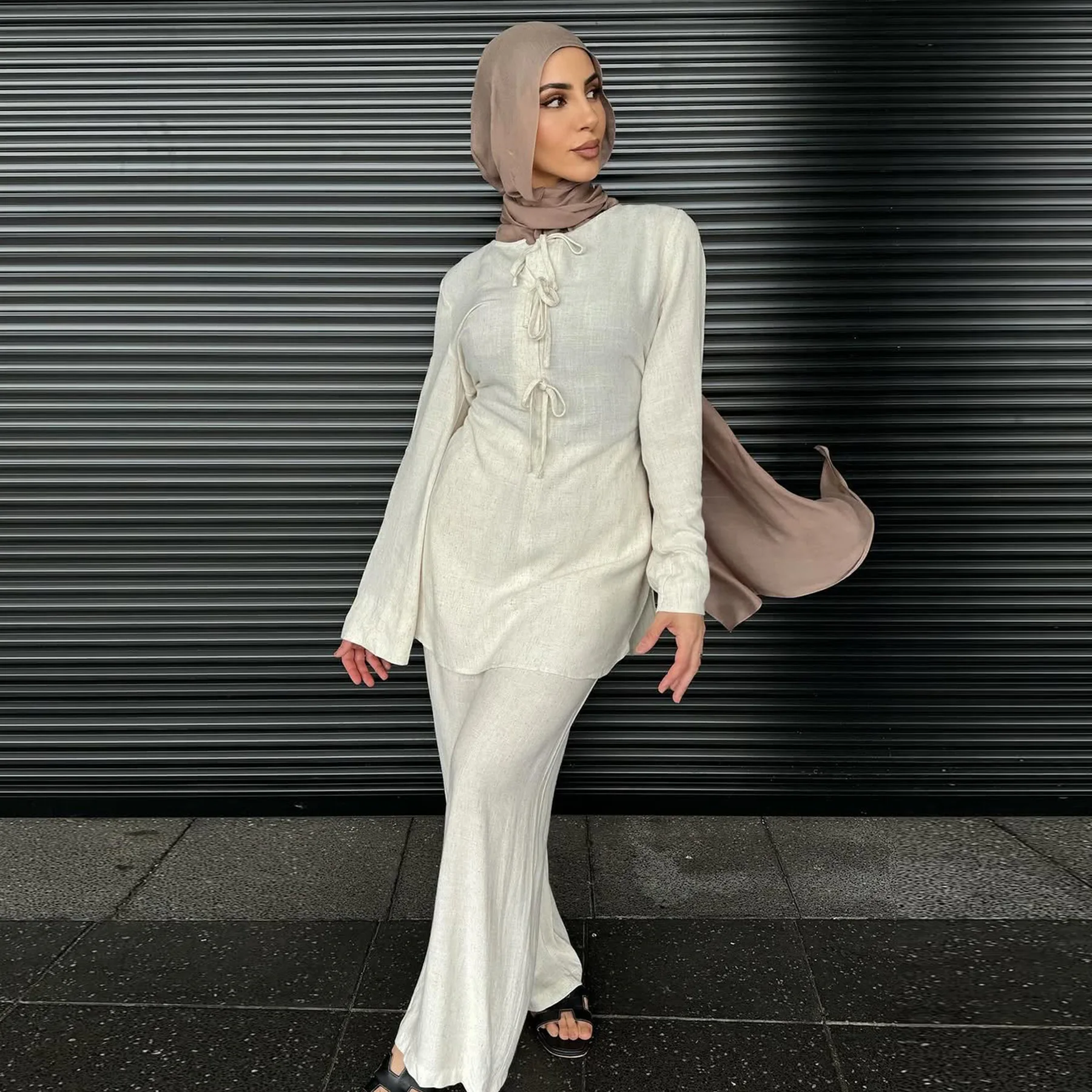 Eid Ramadan Two Piece Sets Tops and Pants Women Muslim Abaya Moroccan Kaftan Islam Clothing Musulman Ensembles 2025 Bow Outfits