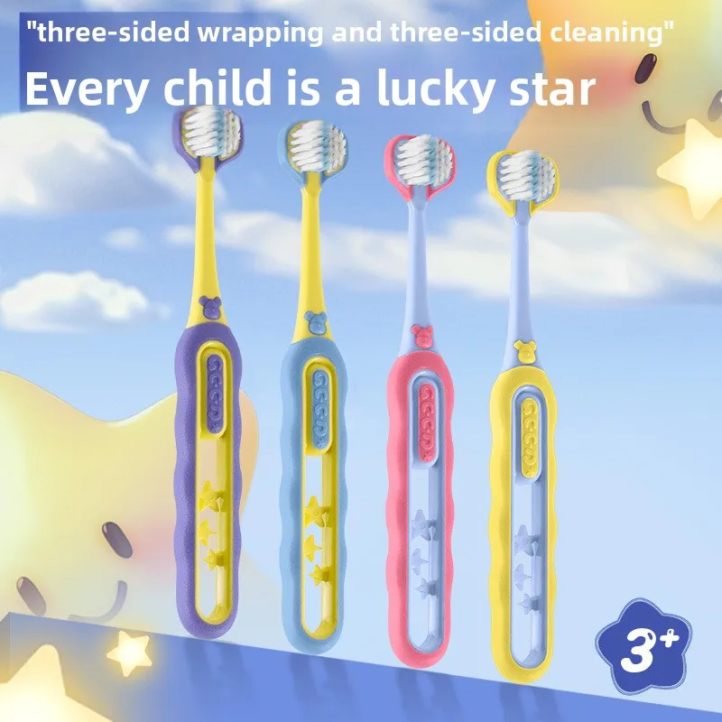 

3-12-year-old children's three sided toothbrush with anti slip soft bristles for teeth whitening, cleaning care of young teeth