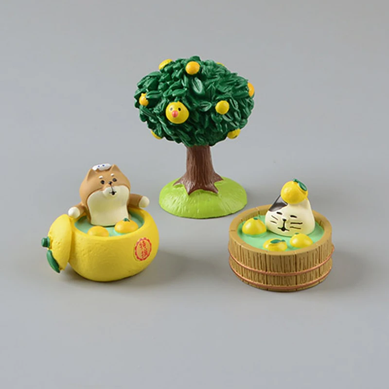 Cartoon Animal Dog Cat Panda Shiba Inu Soak In The Bath Resin Mini Figures Pomelo Tree Home Desktop Decoration for Kids Toys